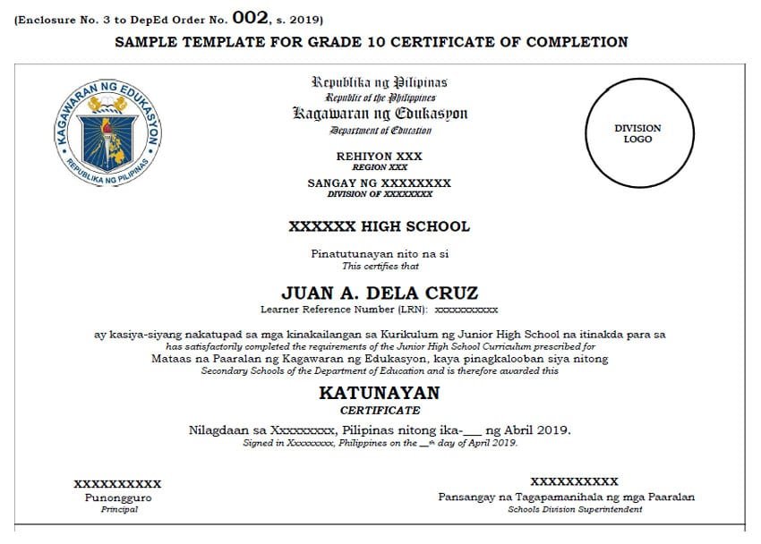 SAMPLE TEMPLATE FOR GRADE 10 CERTIFICATE OF COMPLETION