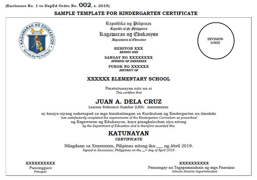 SAMPLE TEMPLATE FOR KINDERGARTEN CERTIFICATE
